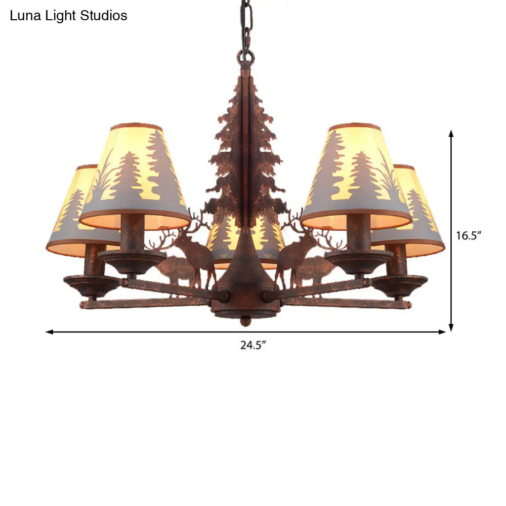 Industrial Cone Metal & Fabric Chandelier - 3/5/8 Light Pendant Lighting For Dining Room In Rust