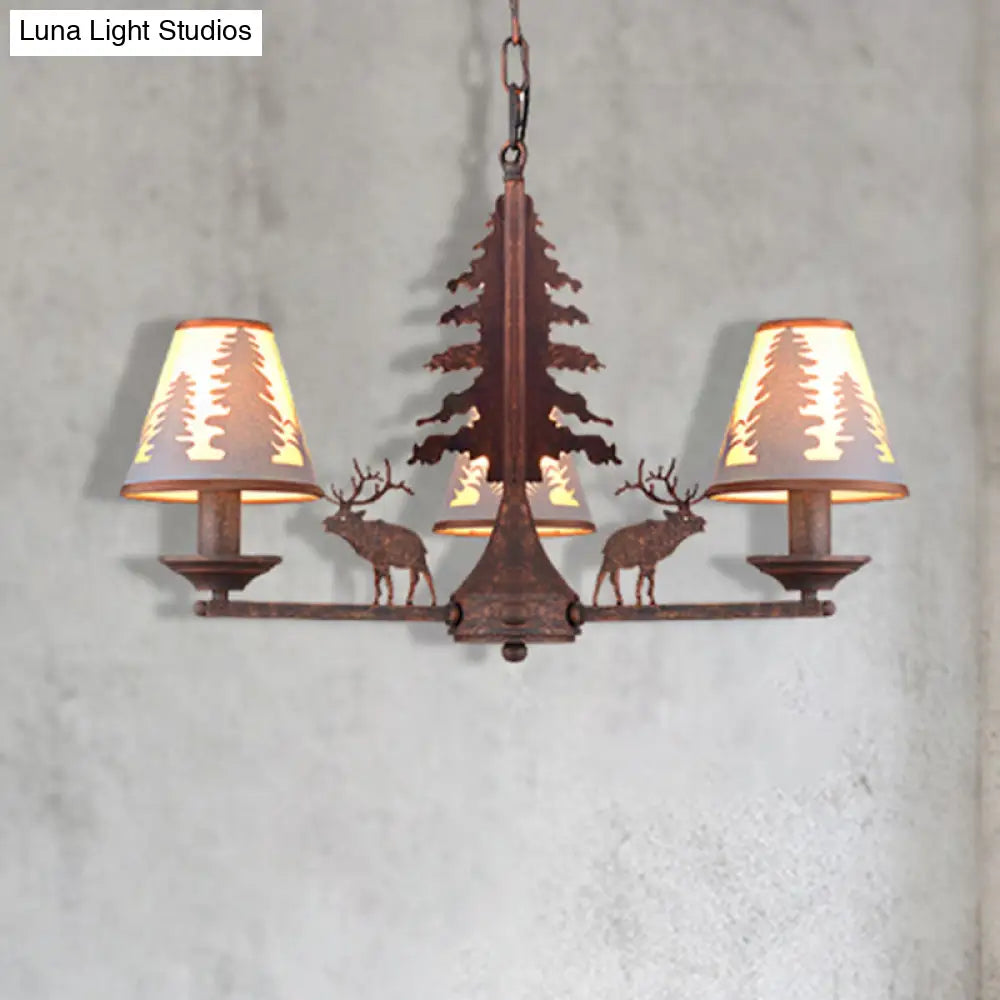 Industrial Cone Metal & Fabric Chandelier - 3/5/8 Light Pendant Lighting For Dining Room In Rust