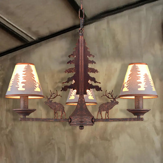 Industrial Cone Metal & Fabric Chandelier - 3/5/8 Light Pendant Lighting For Dining Room In Rust 3 /