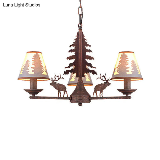 Industrial Cone Metal And Fabric Chandelier - Rust Finish 3/5/8 Light Pendant Lighting For Dining