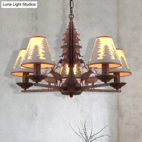 Industrial Cone Metal And Fabric Chandelier - Rust Finish 3/5/8 Light Pendant Lighting For Dining