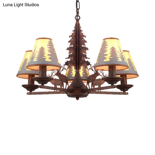 Industrial Cone Metal And Fabric Chandelier - Rust Finish 3/5/8 Light Pendant Lighting For Dining