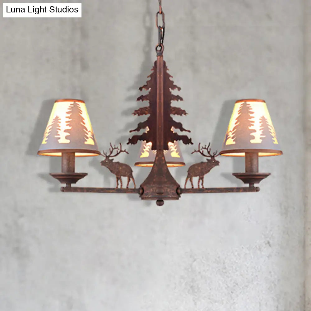 Industrial Cone Metal And Fabric Chandelier - Rust Finish 3/5/8 Light Pendant Lighting For Dining