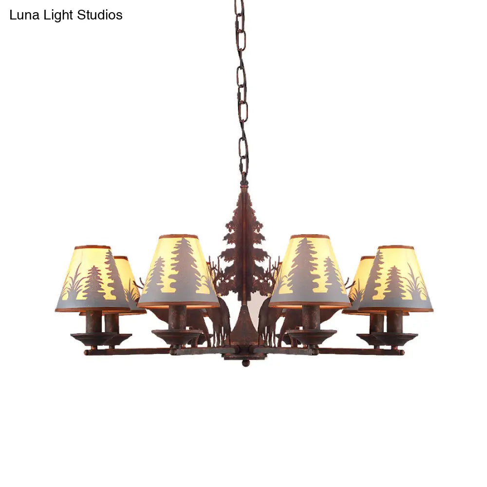 Industrial Cone Metal & Fabric Chandelier - 3/5/8 Light Pendant Lighting For Dining Room In Rust