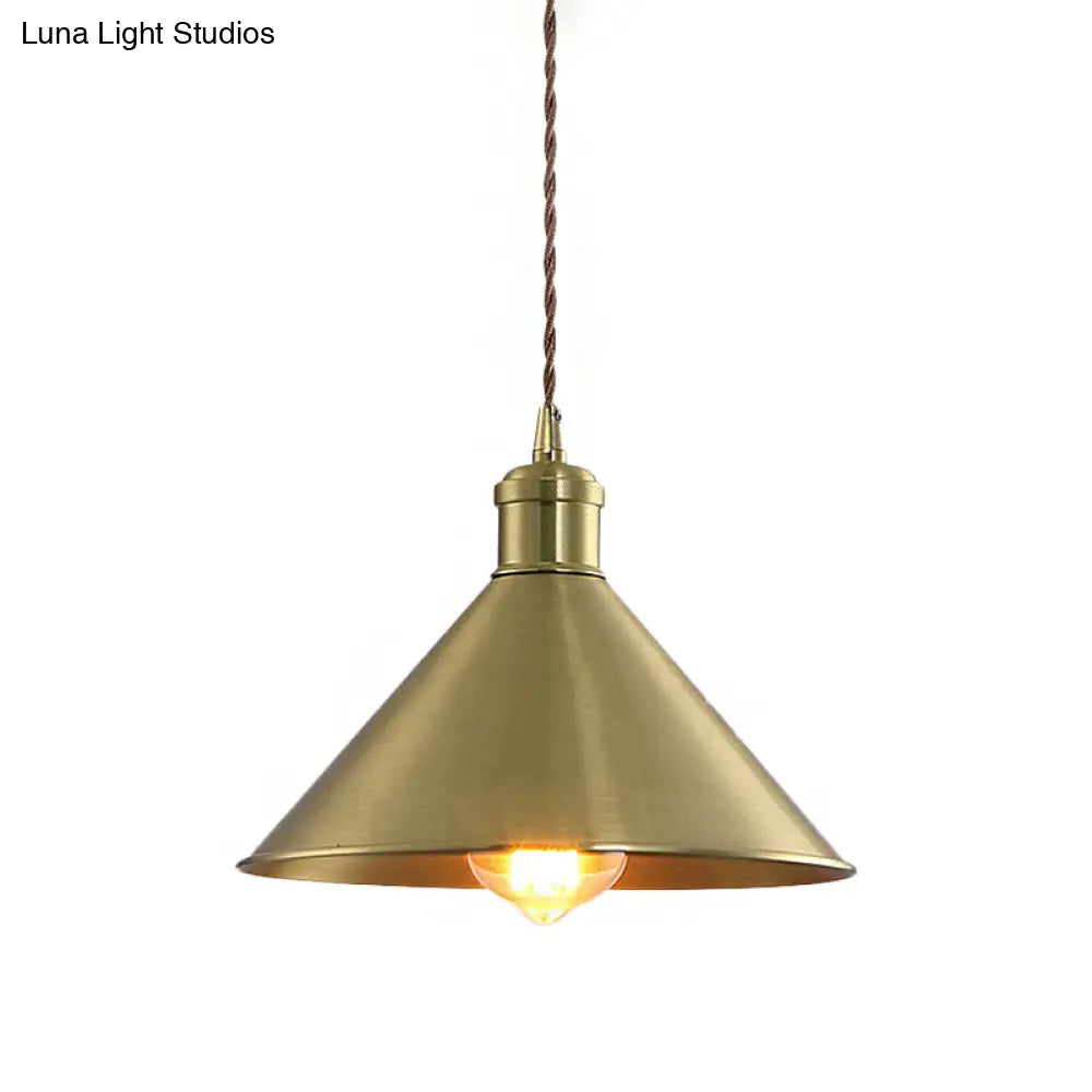 Industrial Cone Metal Hanging Light Fixture With Adjustable Brass Cord - 7’/9.5’ W Ideal For