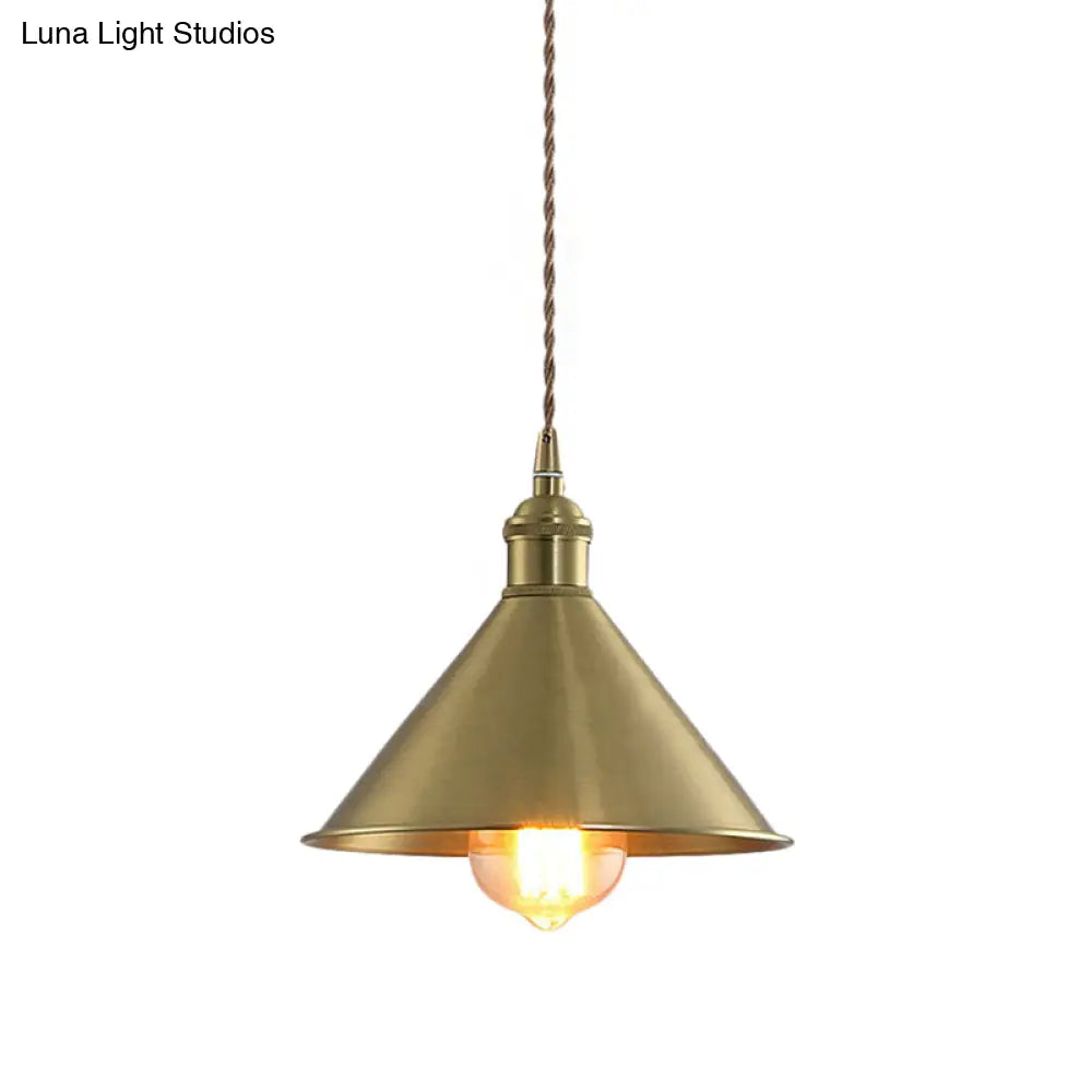 Industrial Cone Metal Hanging Light Fixture With Adjustable Brass Cord - 7’/9.5’ W Ideal For