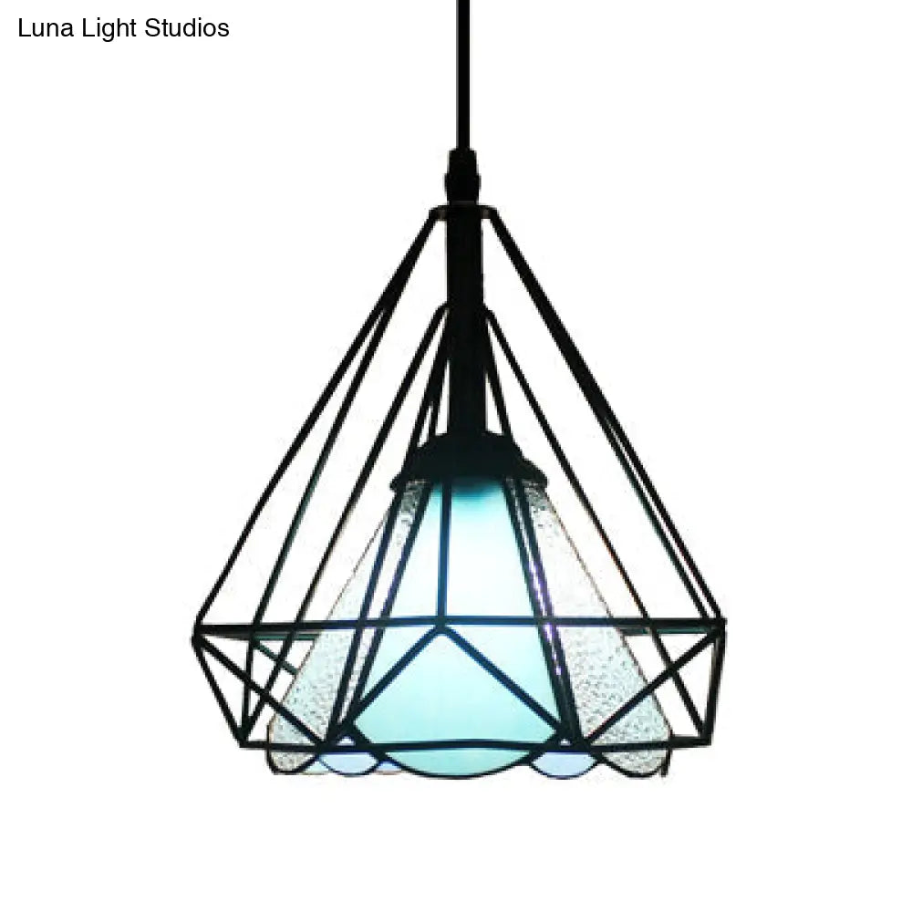 Industrial Cone Pendant With Stained Glass Diamond Cage And 1 Light - Perfect For Restaurants