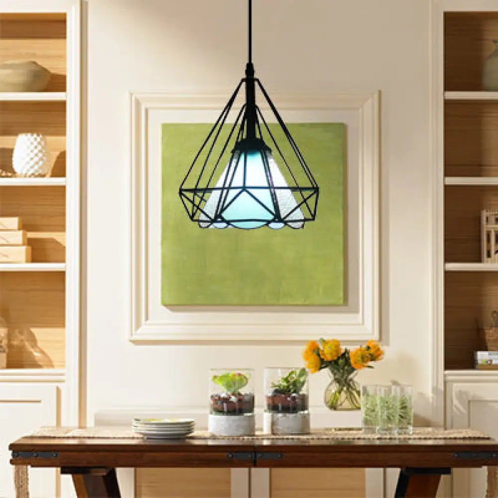 Industrial Cone Pendant With Stained Glass Diamond Cage And 1 Light - Perfect For Restaurants Blue