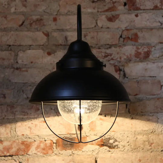 Industrial Cone Seeded Glass Wall Light In Black - Outdoor Sconce Lighting Fixture With Cage