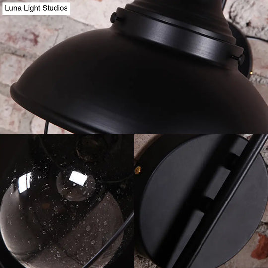 Industrial Cone Seeded Glass Wall Light In Black - Outdoor Sconce Lighting Fixture With Cage