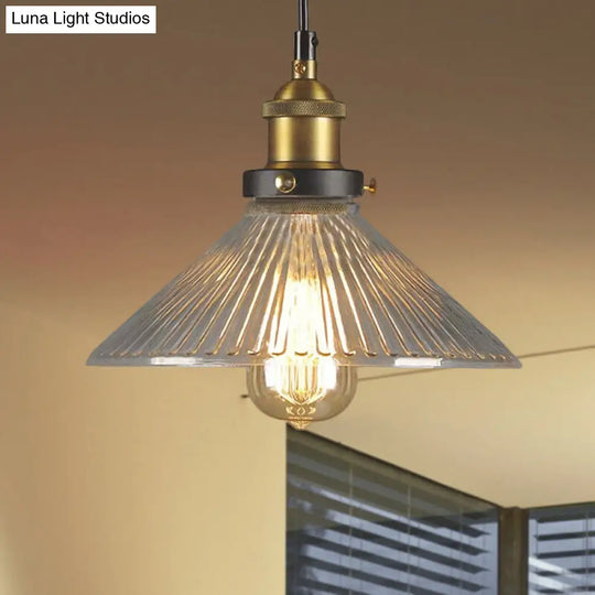 Industrial Cone Ribbed Glass Pendant Light In Black/Clear For Dining Room Ceiling