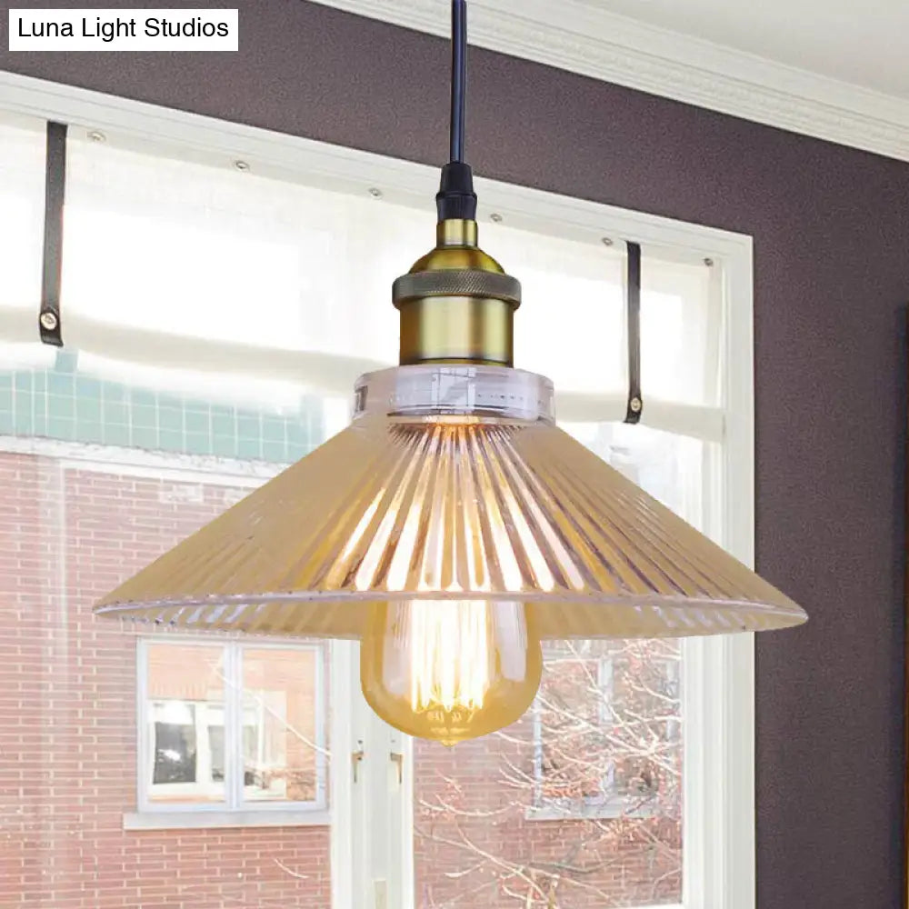 Industrial Cone Ribbed Glass Pendant Light In Black/Clear For Dining Room Ceiling