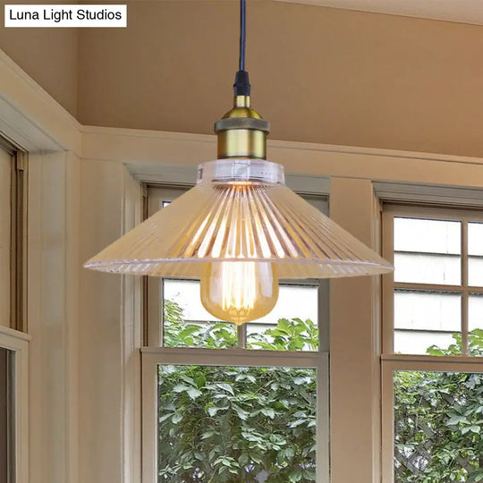 Industrial Cone Ribbed Glass Pendant Light In Black/Clear For Dining Room Ceiling