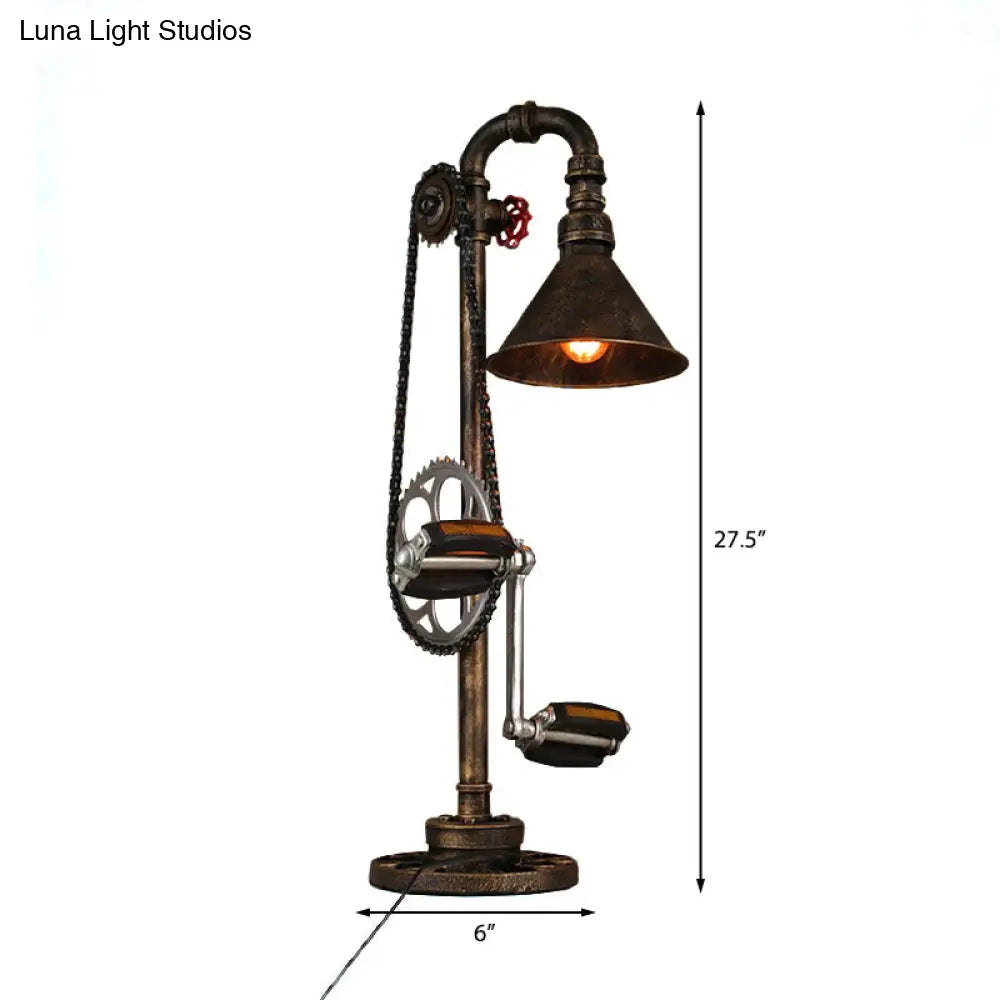 Industrial Cone Table Lamp With Bicycle-Inspired Design In Aged Brass