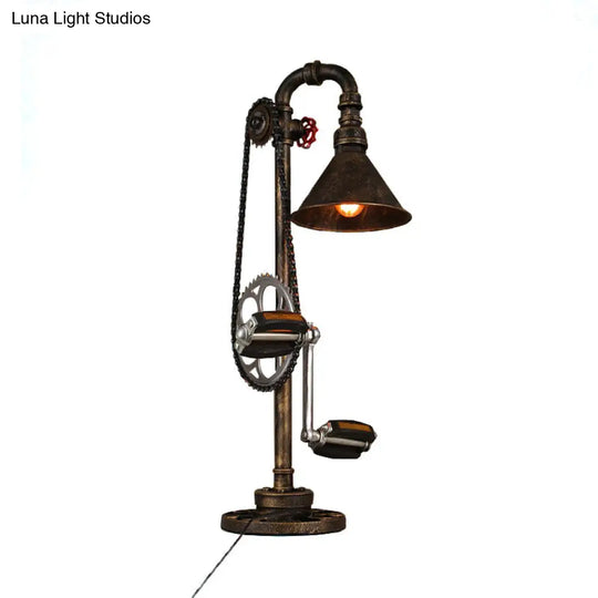 Industrial Cone Table Lamp With Bicycle-Inspired Design In Aged Brass