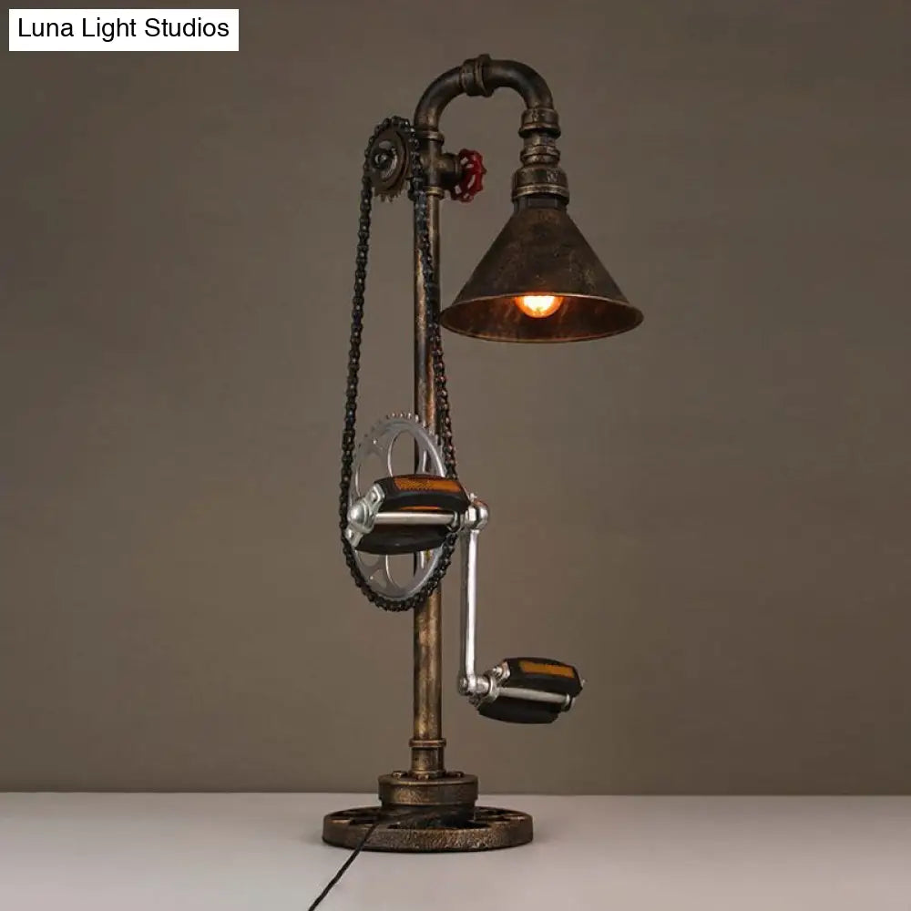 Industrial Cone Table Lamp With Bicycle-Inspired Design In Aged Brass