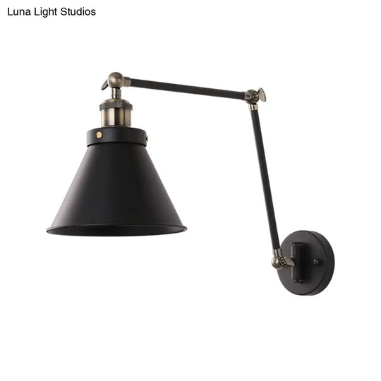 Industrial Cone Wall Sconce With Swing Arm For Bedroom - Black/White Metal Finish & 1 Bulb