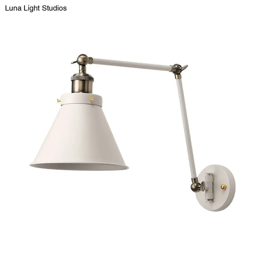 Industrial Cone Wall Sconce With Swing Arm For Bedroom - Black/White Metal Finish & 1 Bulb