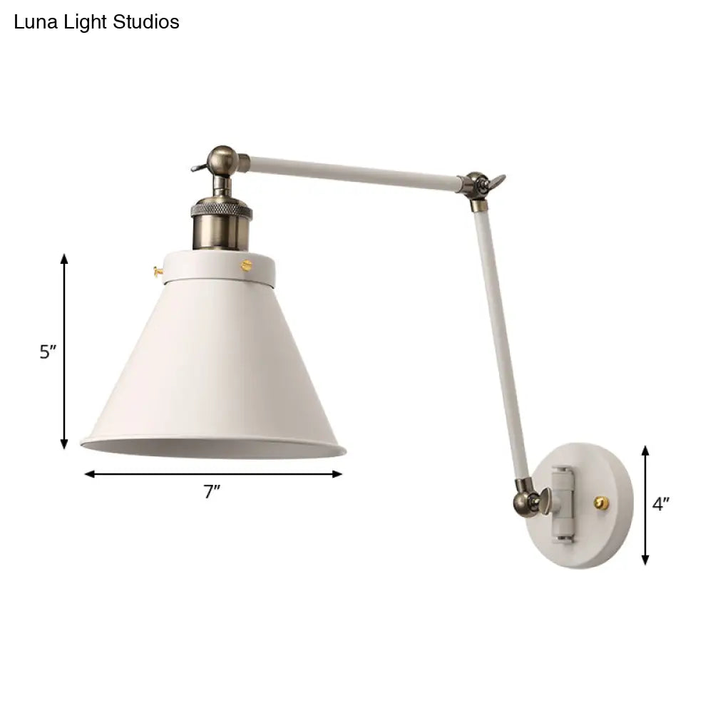 Industrial Cone Wall Sconce With Swing Arm For Bedroom - Black/White Metal Finish & 1 Bulb