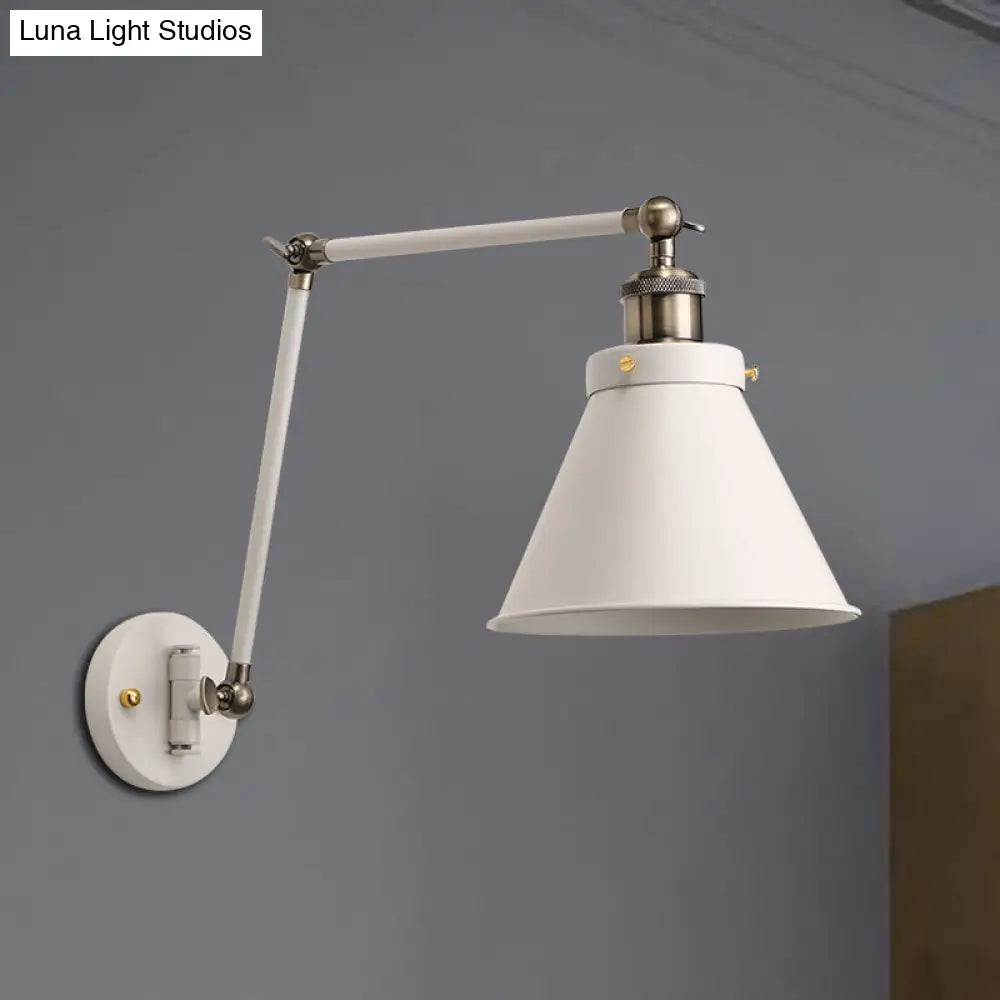 Industrial Cone Wall Sconce With Swing Arm For Bedroom - Black/White Metal Finish & 1 Bulb