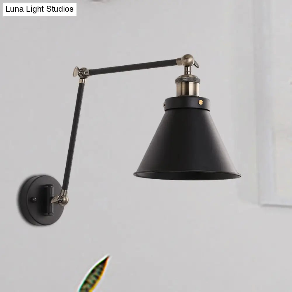 Industrial Cone Wall Sconce With Swing Arm For Bedroom - Black/White Metal Finish & 1 Bulb