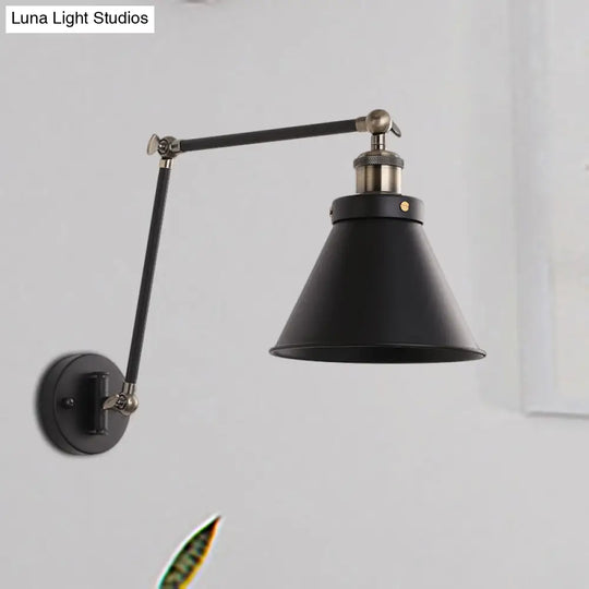 Industrial Cone Wall Sconce With Swing Arm For Bedroom - Black/White Metal Finish & 1 Bulb