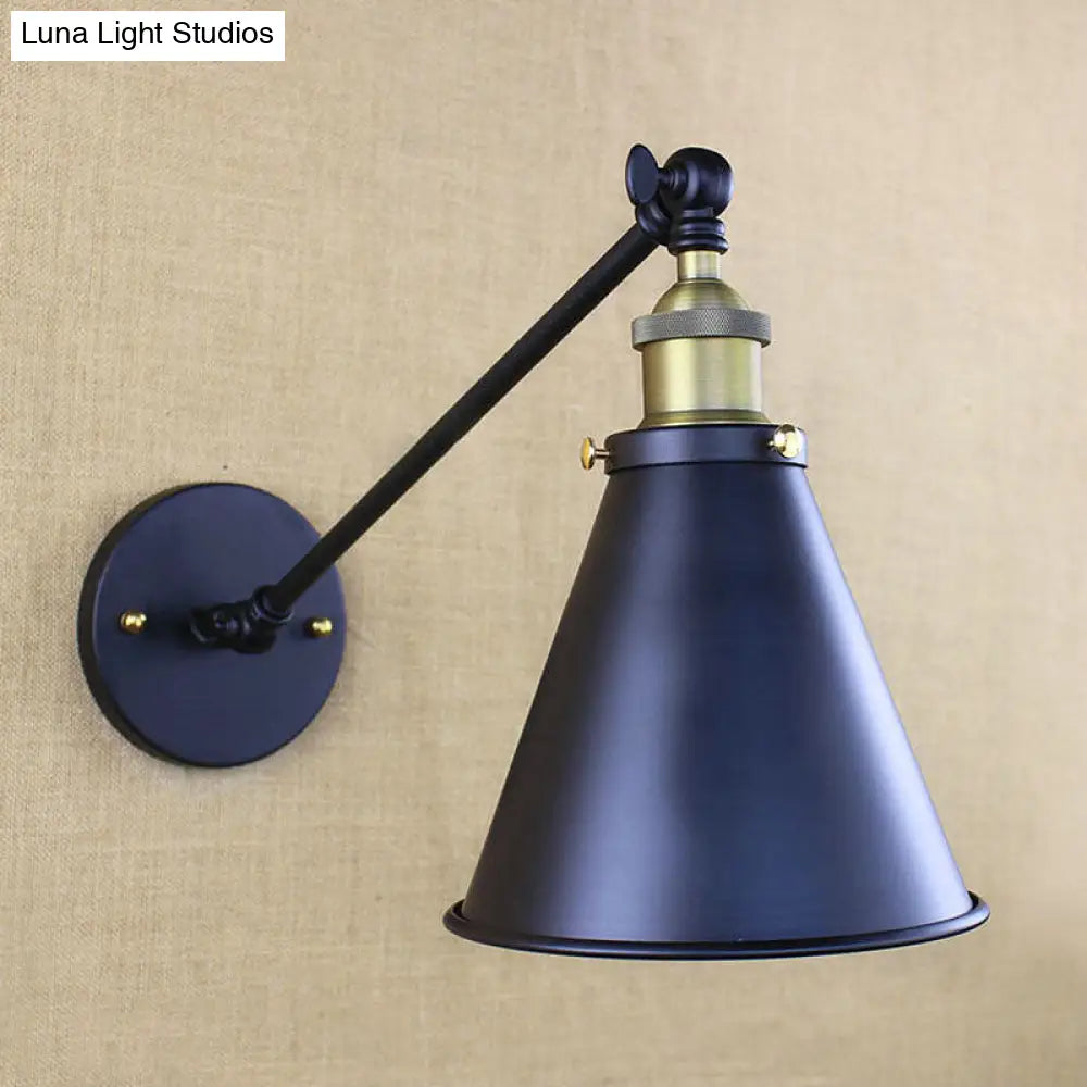 Industrial Conic Shade Sconce Wall Light With 1 Bulb Metallic Black Lamp For Corridor