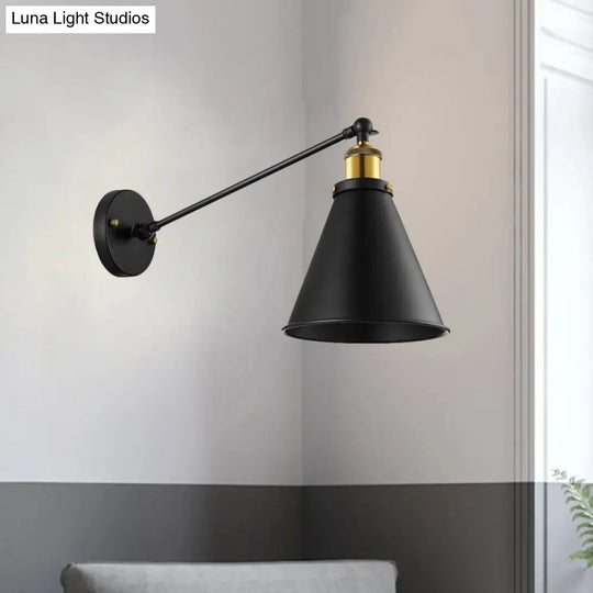 Industrial Conic Shade Sconce Wall Light With 1 Bulb Metallic Black Lamp For Corridor