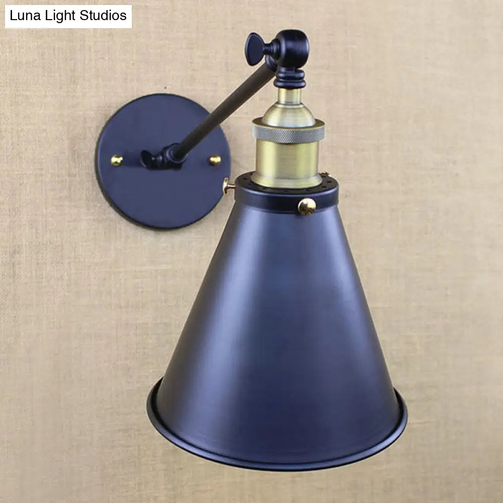 Industrial Conic Shade Sconce Wall Light With 1 Bulb Metallic Black Lamp For Corridor