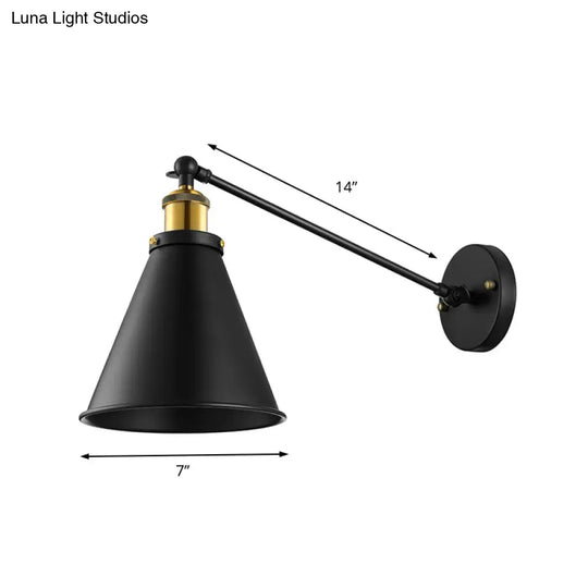 Industrial Conic Shade Sconce Wall Light With 1 Bulb Metallic Black Lamp For Corridor