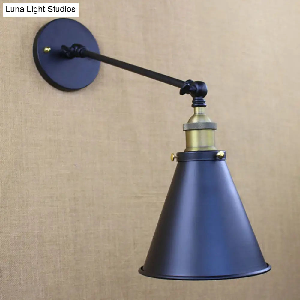 Industrial Conic Shade Sconce Wall Light With 1 Bulb Metallic Black Lamp For Corridor