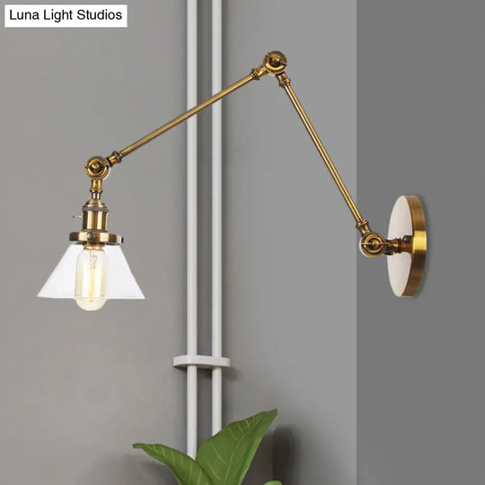 Industrial Conical Clear/Amber Glass Wall Lamp Sconce - Adjustable Arm Black/Bronze/Brass 1 Light 8