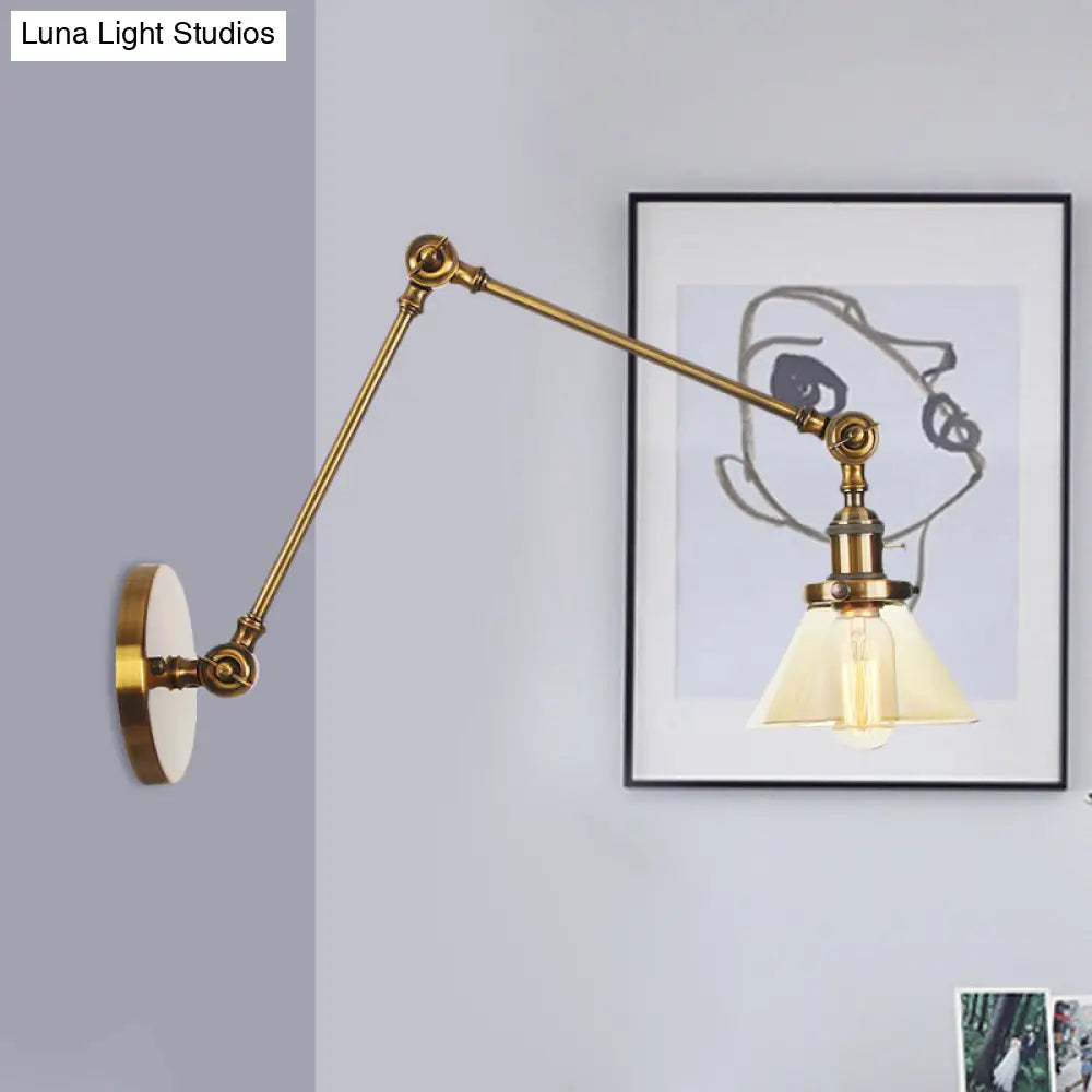 Industrial Conical Clear/Amber Glass Wall Lamp Sconce - Adjustable Arm Black/Bronze/Brass 1 Light 8