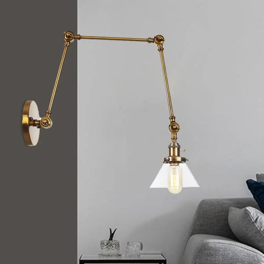 Industrial Conical Clear/Amber Glass Wall Lamp Sconce - Adjustable Arm Black/Bronze/Brass 1 Light 8