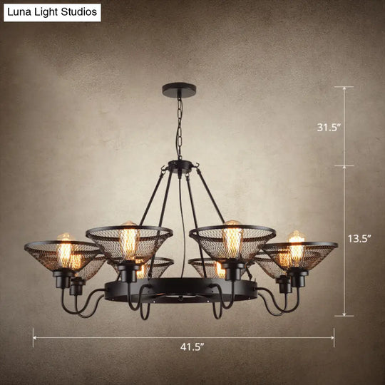Industrial Black Conical Mesh Chandelier: Stylish Suspended Lighting For Restaurants