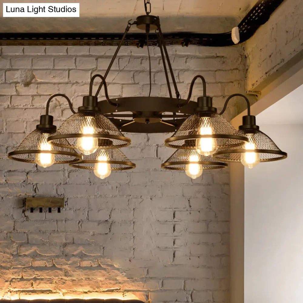 Industrial Black Conical Mesh Chandelier: Stylish Suspended Lighting For Restaurants