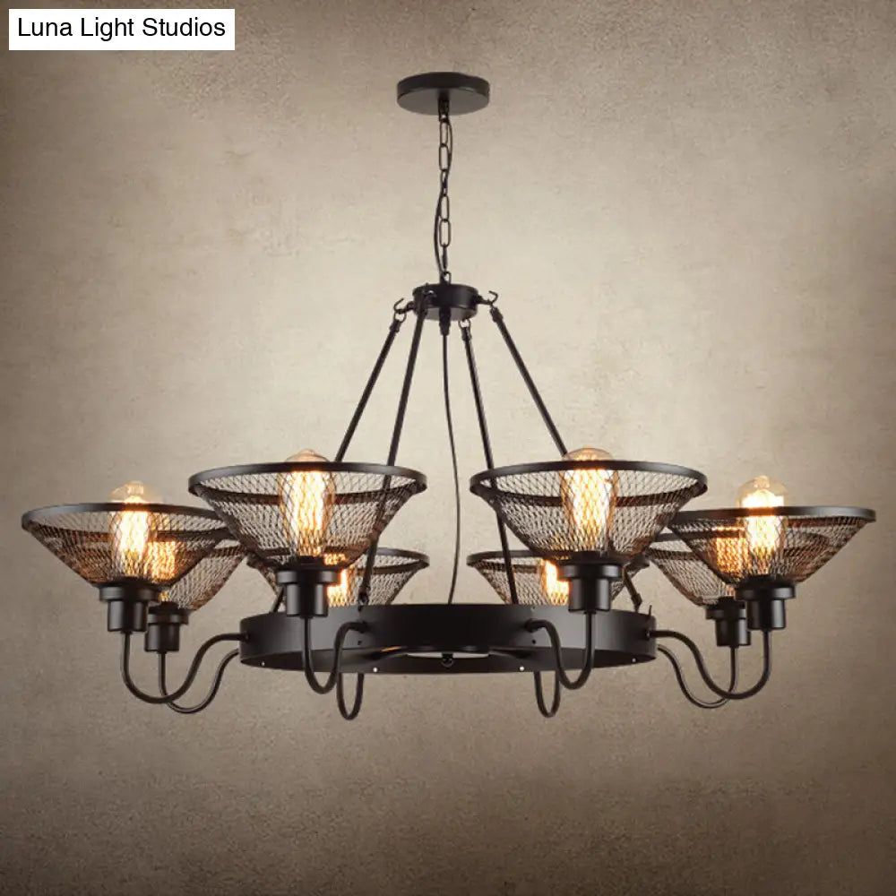 Industrial Black Conical Mesh Chandelier: Stylish Suspended Lighting For Restaurants 8 / Up