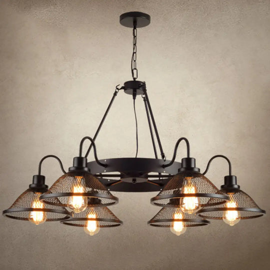 Industrial Conical Mesh Chandelier - Black Metallic Suspended Lighting For Restaurants 6 / Down