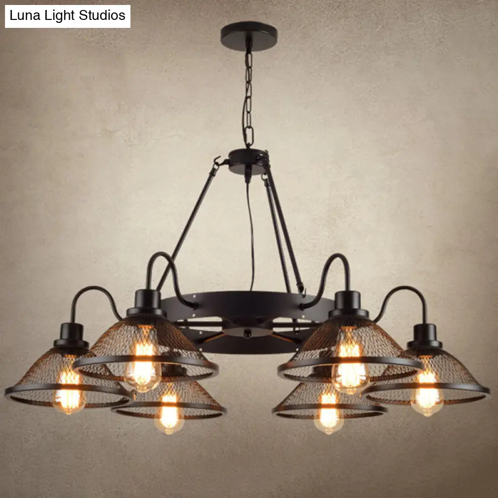 Industrial Black Conical Mesh Chandelier: Stylish Suspended Lighting For Restaurants 6 / Down