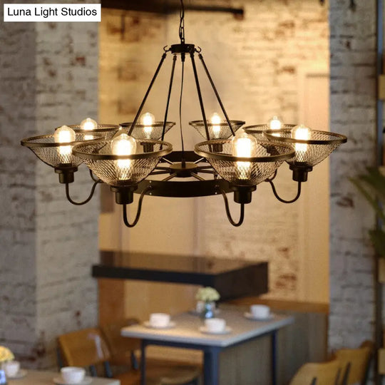 Industrial Black Conical Mesh Chandelier: Stylish Suspended Lighting For Restaurants