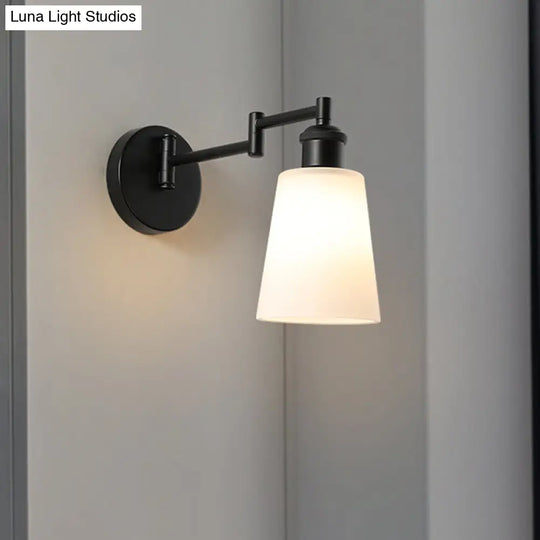 Industrial Conical Milky Glass Sconce: 1-Light Black Wall Lighting For Living Room