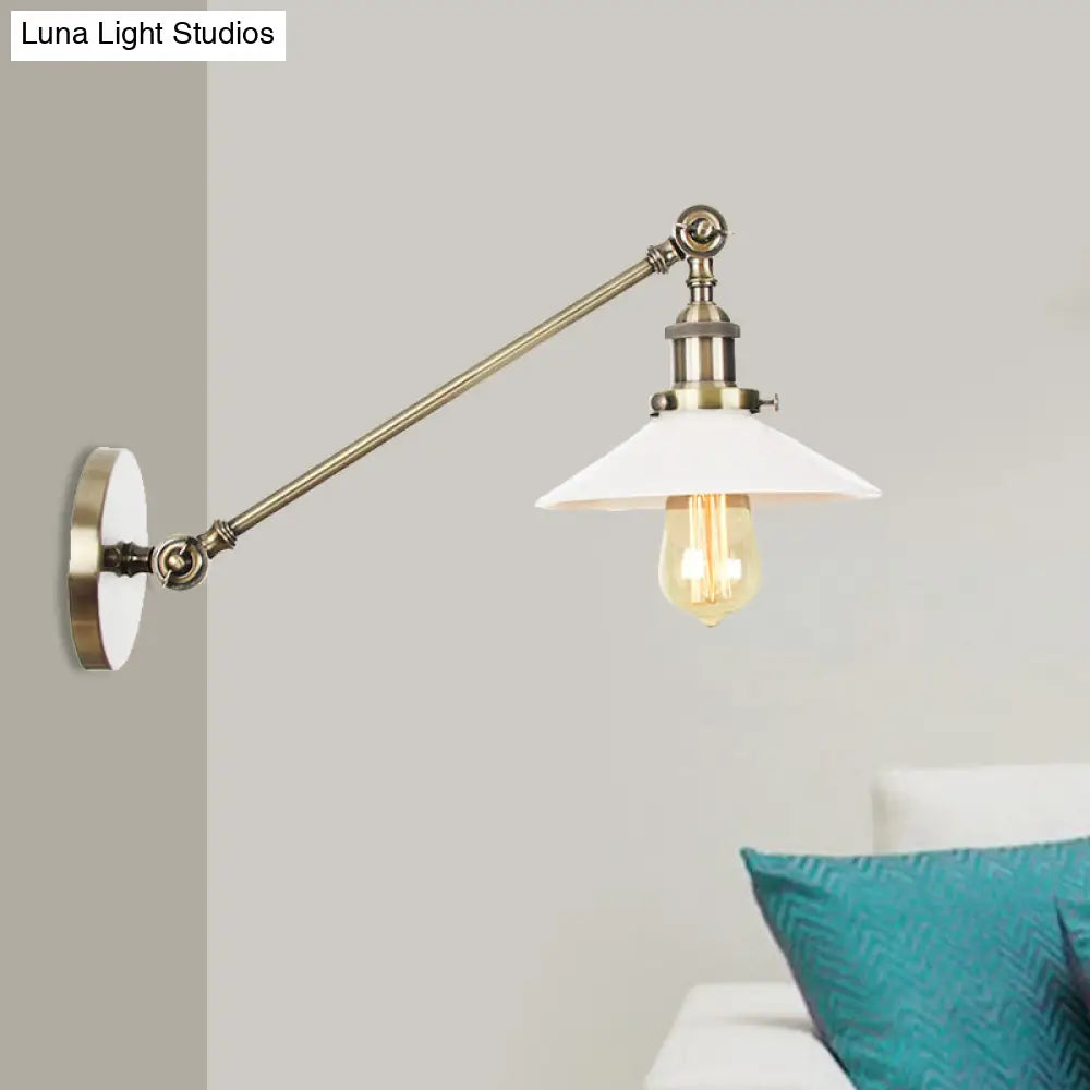 Industrial Conical Sconce Light With Opal Glass - Black/Bronze/Brass Finish Arm Mount 8/12 L