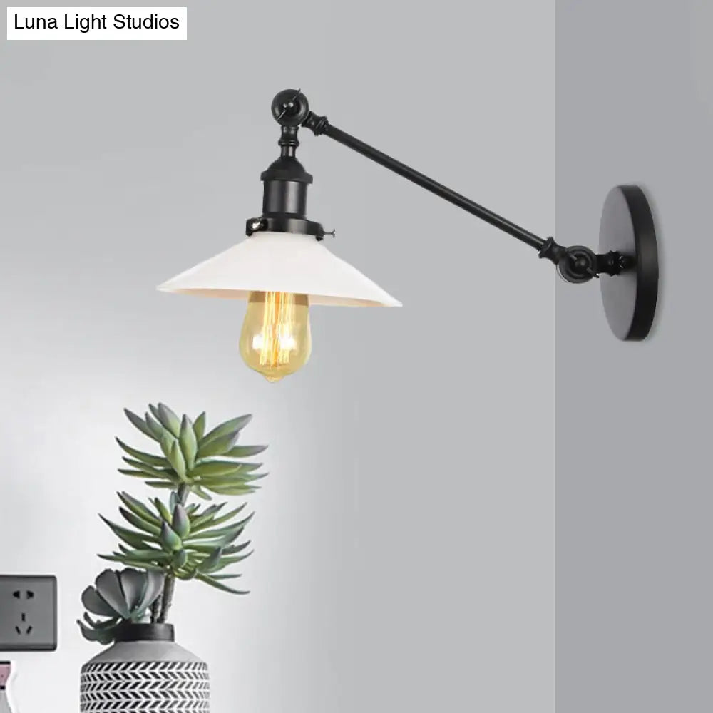 Industrial Conical Sconce Light With Opal Glass - Black/Bronze/Brass Finish Arm Mount 8/12 L