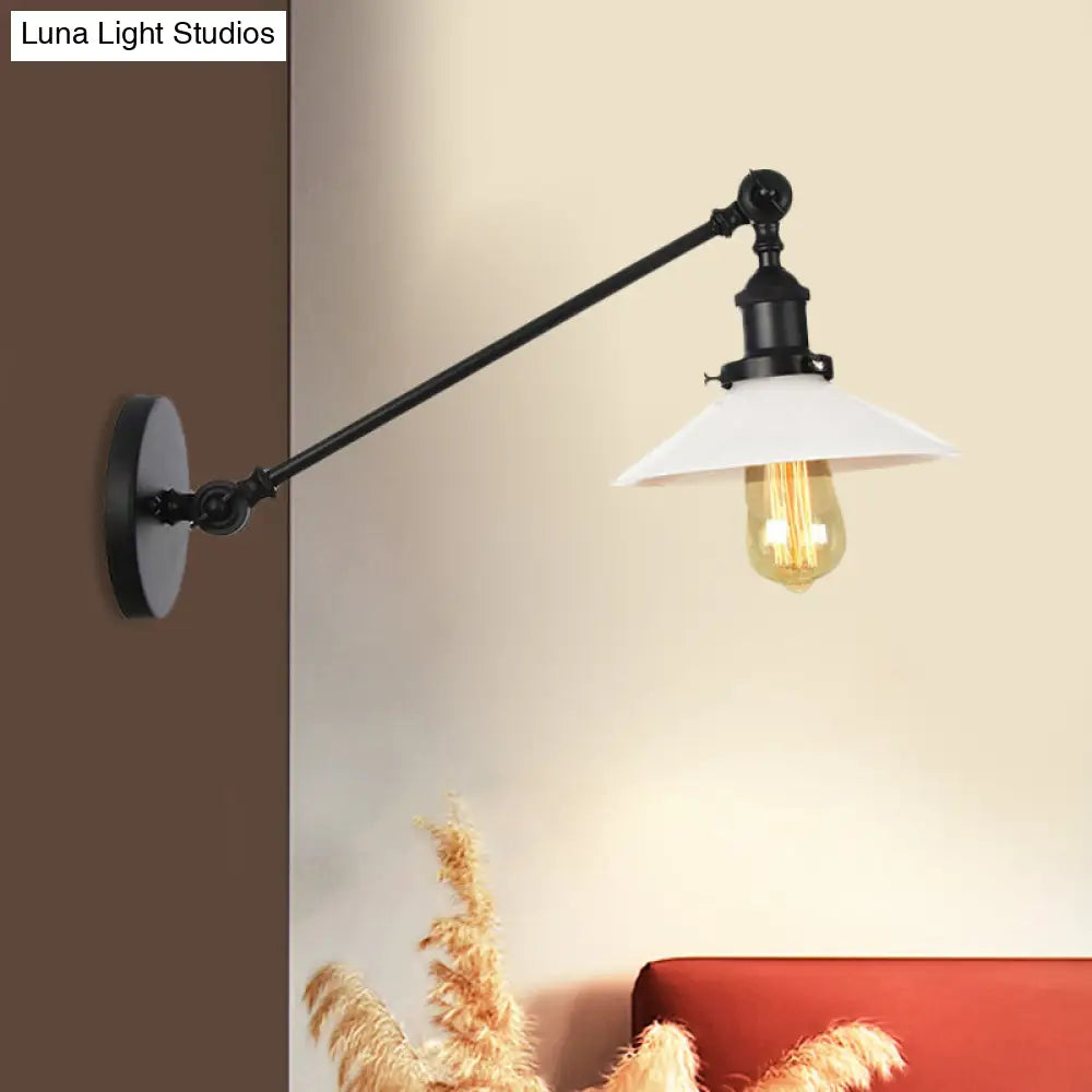 Industrial Conical Sconce Light With Opal Glass - Black/Bronze/Brass Finish Arm Mount 8/12 L