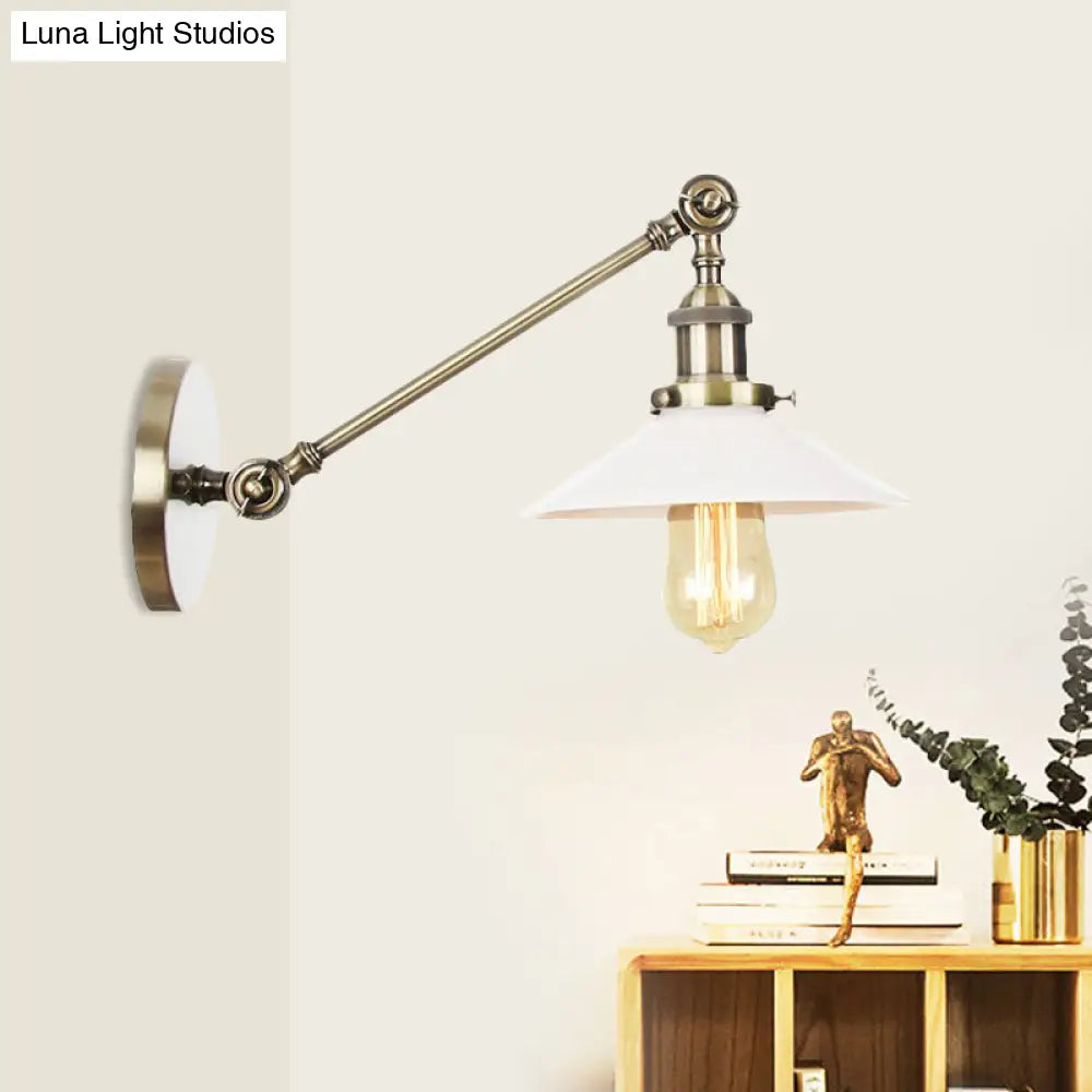 Industrial Conical Sconce Light With Opal Glass - Black/Bronze/Brass Finish Arm Mount 8/12 L