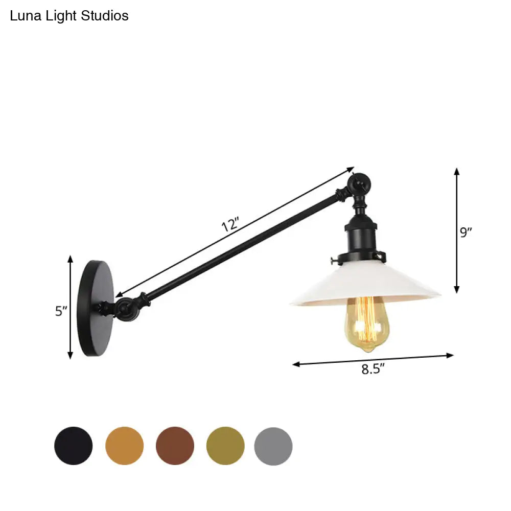 Industrial Conical Sconce Light With Opal Glass - Black/Bronze/Brass Finish Arm Mount 8/12 L