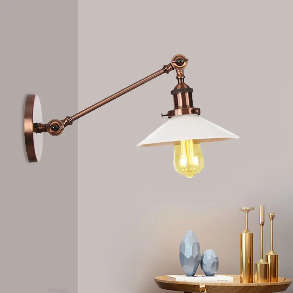 Industrial Conical Sconce Light With Opal Glass - Black/Bronze/Brass Finish Arm Mount 8/12 L Copper