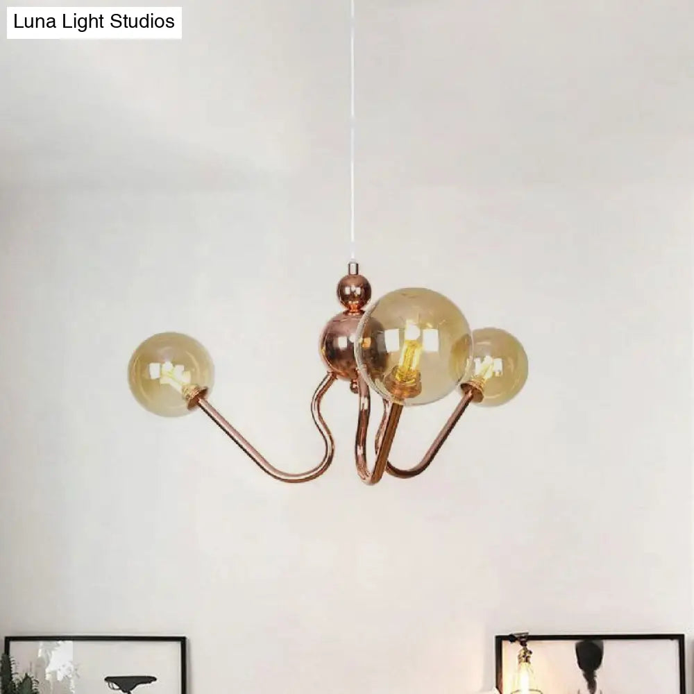 Industrial Copper 3-Light Chandelier With Clear/Amber Glass Globes Dining Room Pendant Fixture