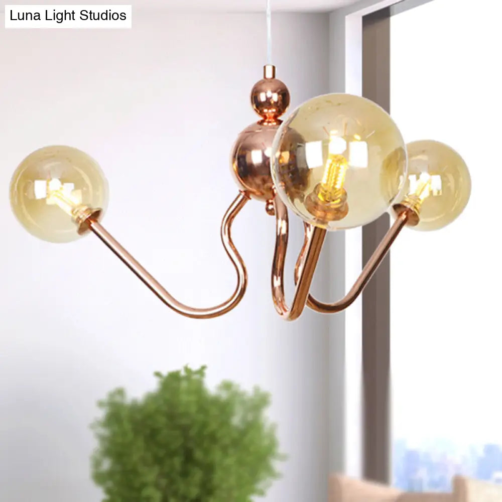 Industrial Copper 3-Light Chandelier With Clear/Amber Glass Globes Dining Room Pendant Fixture