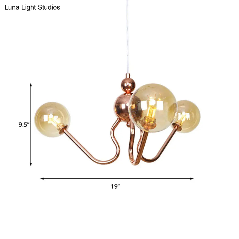 Copper Industrial Chandelier With 3 Clear/Amber Glass Lights For Dining Room Pendant